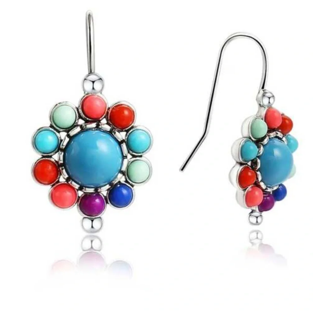 Mixed Stone Silvertone Pendant Bead Boho Turquoise Blue Colorful Dangle Earrings - Picture 6 of 7